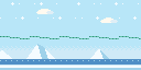 The adult penguin at home: an icy shore with icebergs