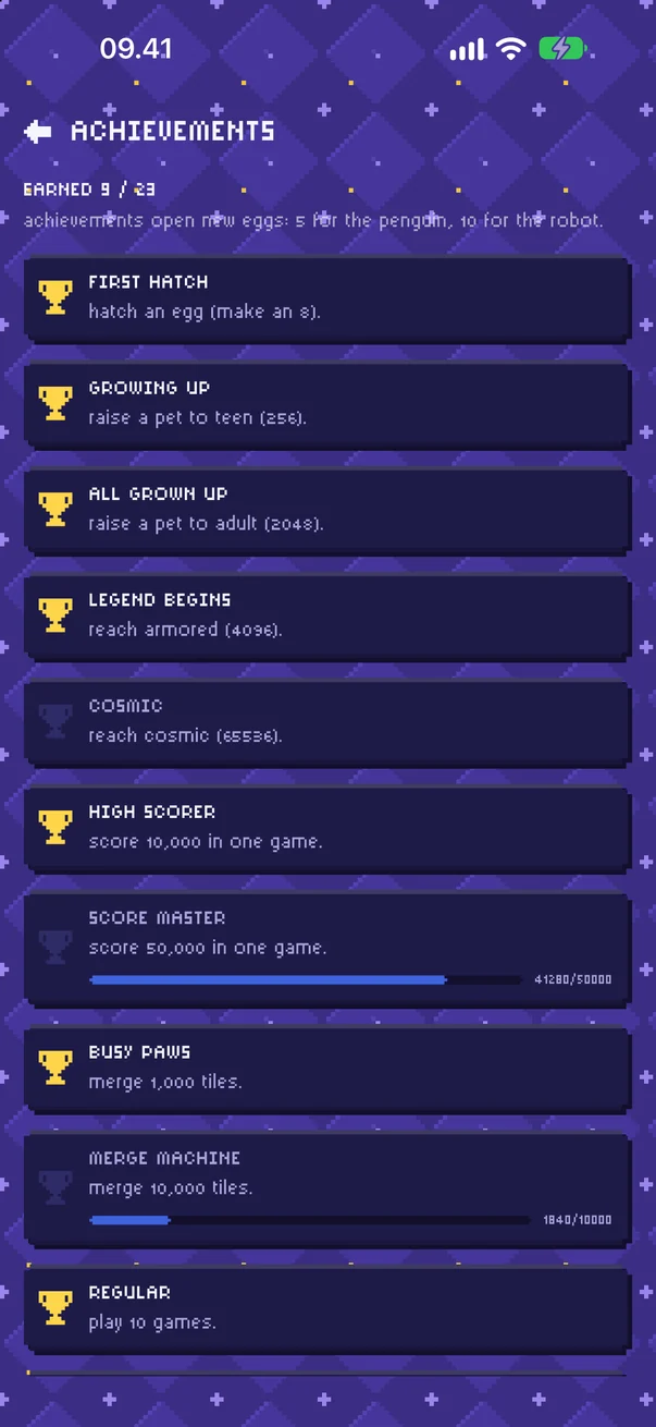 The achievements page with progress bars