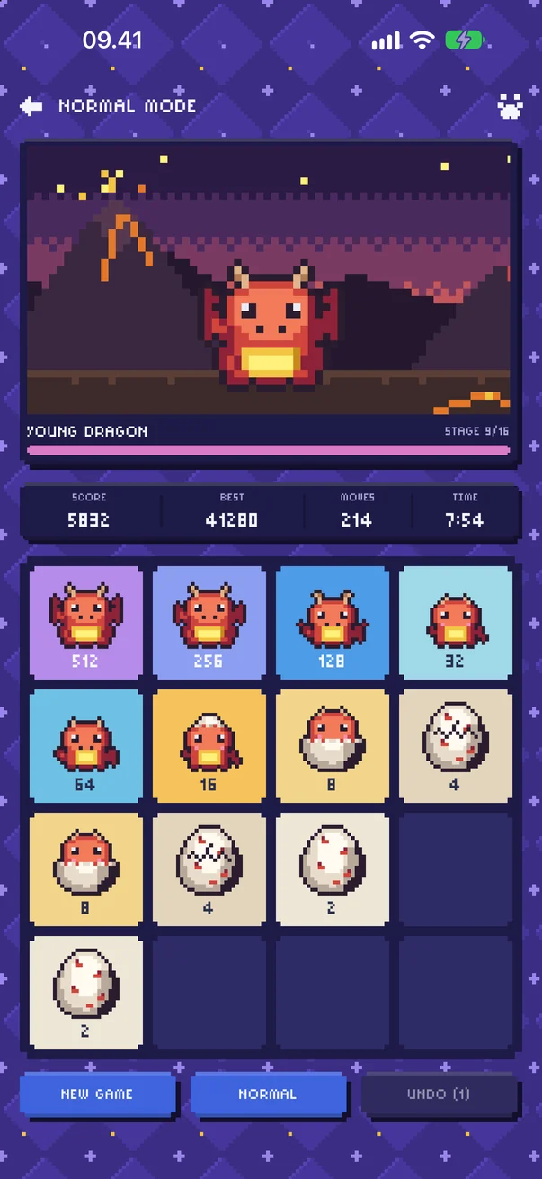 A game in progress: the board's tiles show the dragon at different stages
