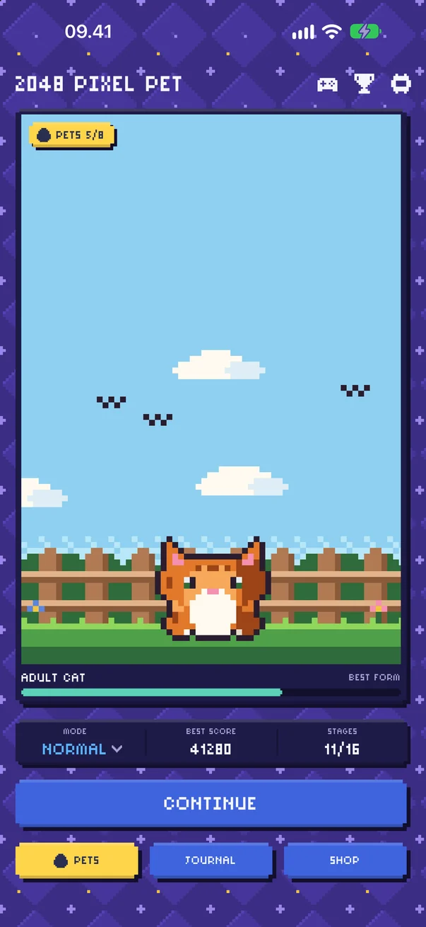 Home screen: the cat in its garden habitat, with Play, Pets, Journal and Shop buttons