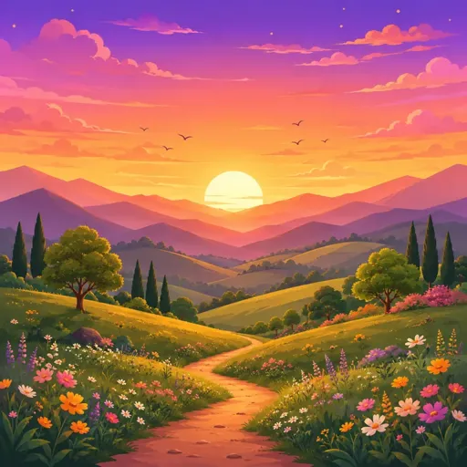 A sunset over rolling hills and wildflowers