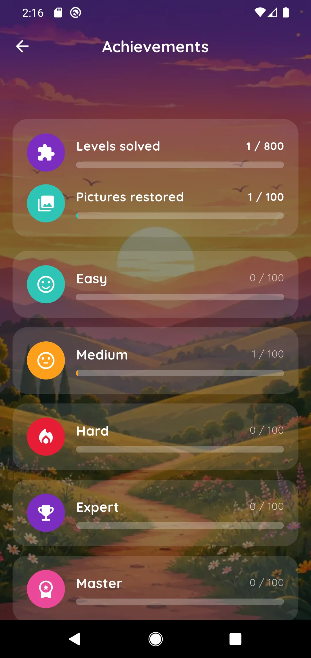 The Aranim achievements screen showing levels solved