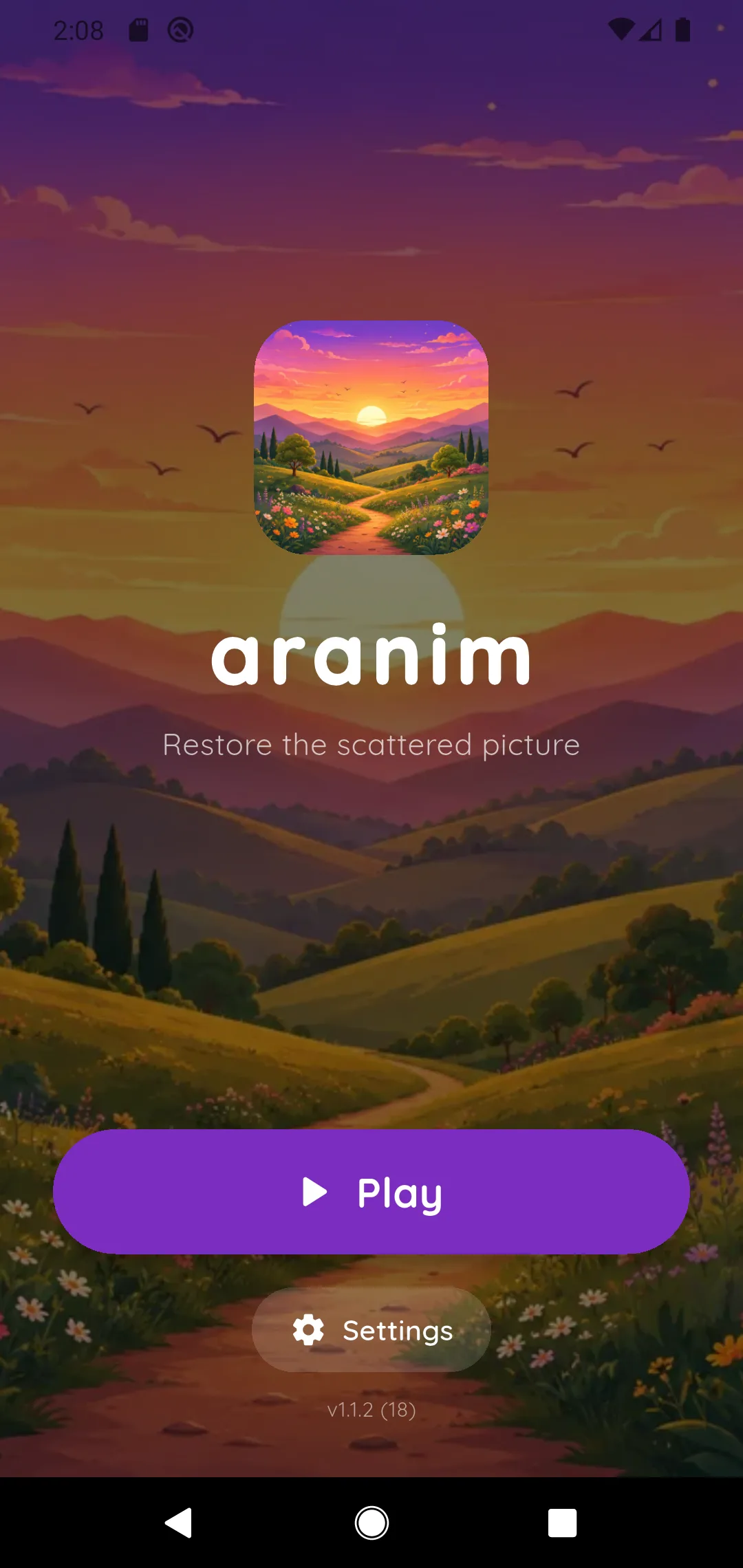 Aranim home screen with the Play button over a sunset picture