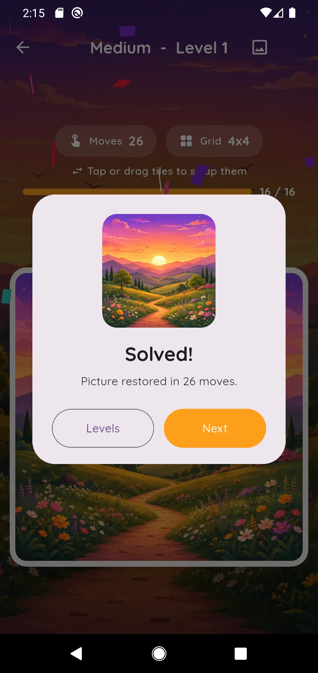 The Solved dialog showing the restored picture and the move count