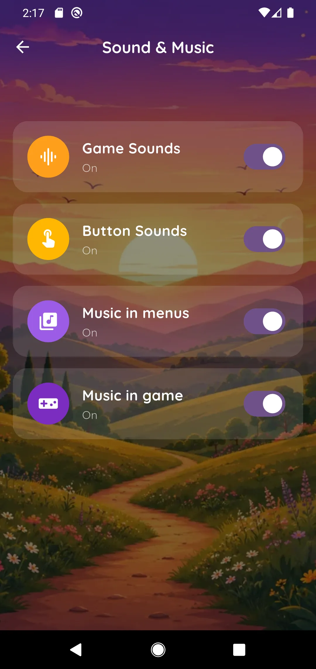The Sound and Music settings with a switch for each sound