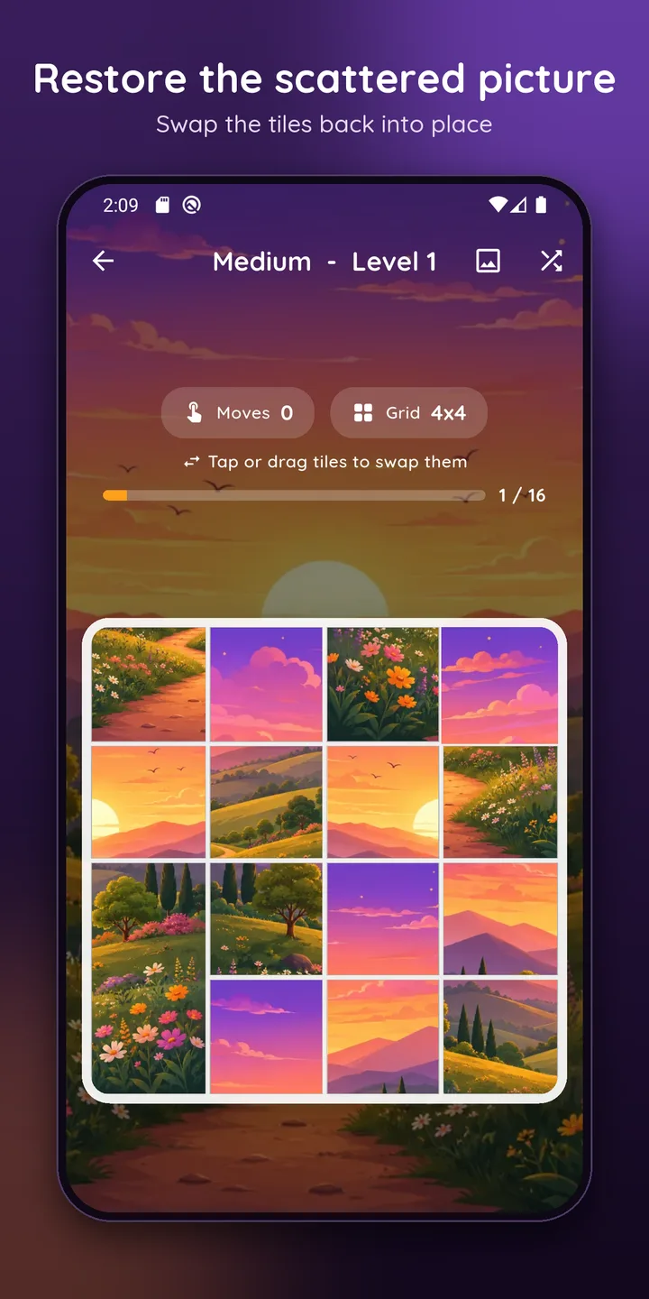 Restore the scattered picture: a scattered 4x4 puzzle