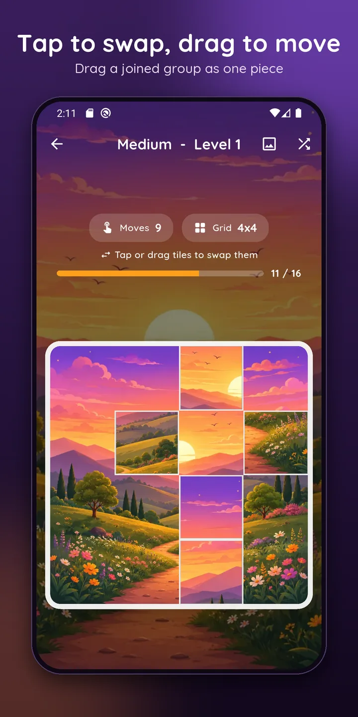 Tap to swap, drag to move