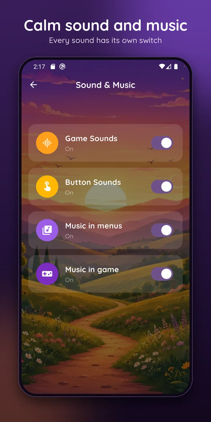 Calm sound and music settings