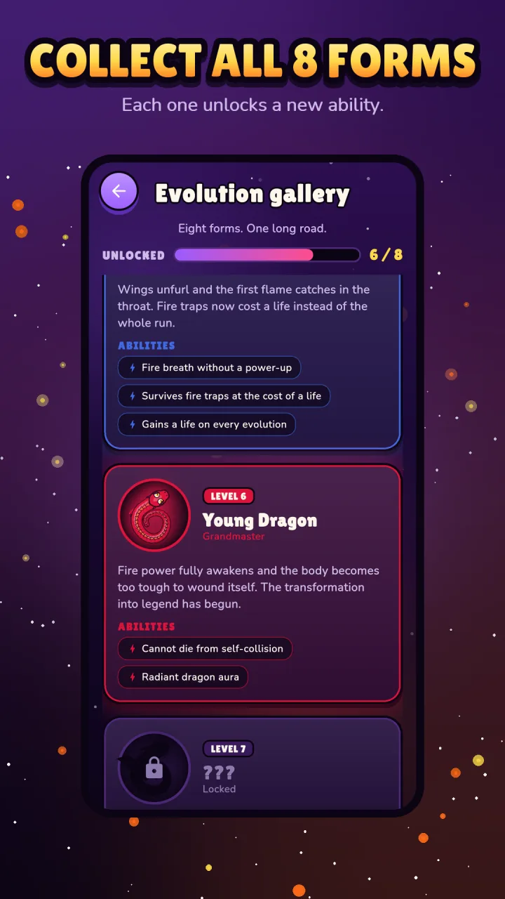 The Evolution gallery with each form's abilities