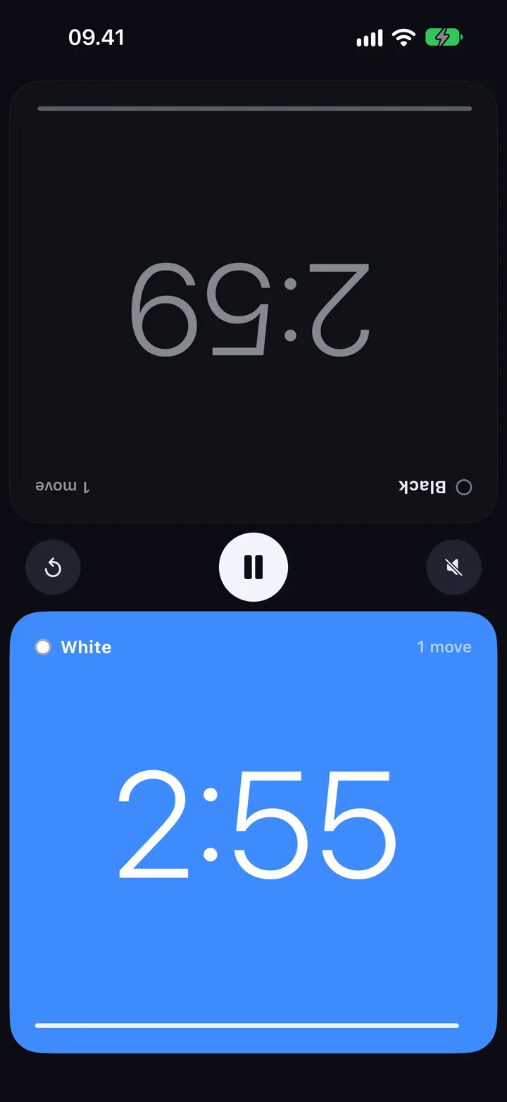 A game under way: White's clock running in blue, one move each
