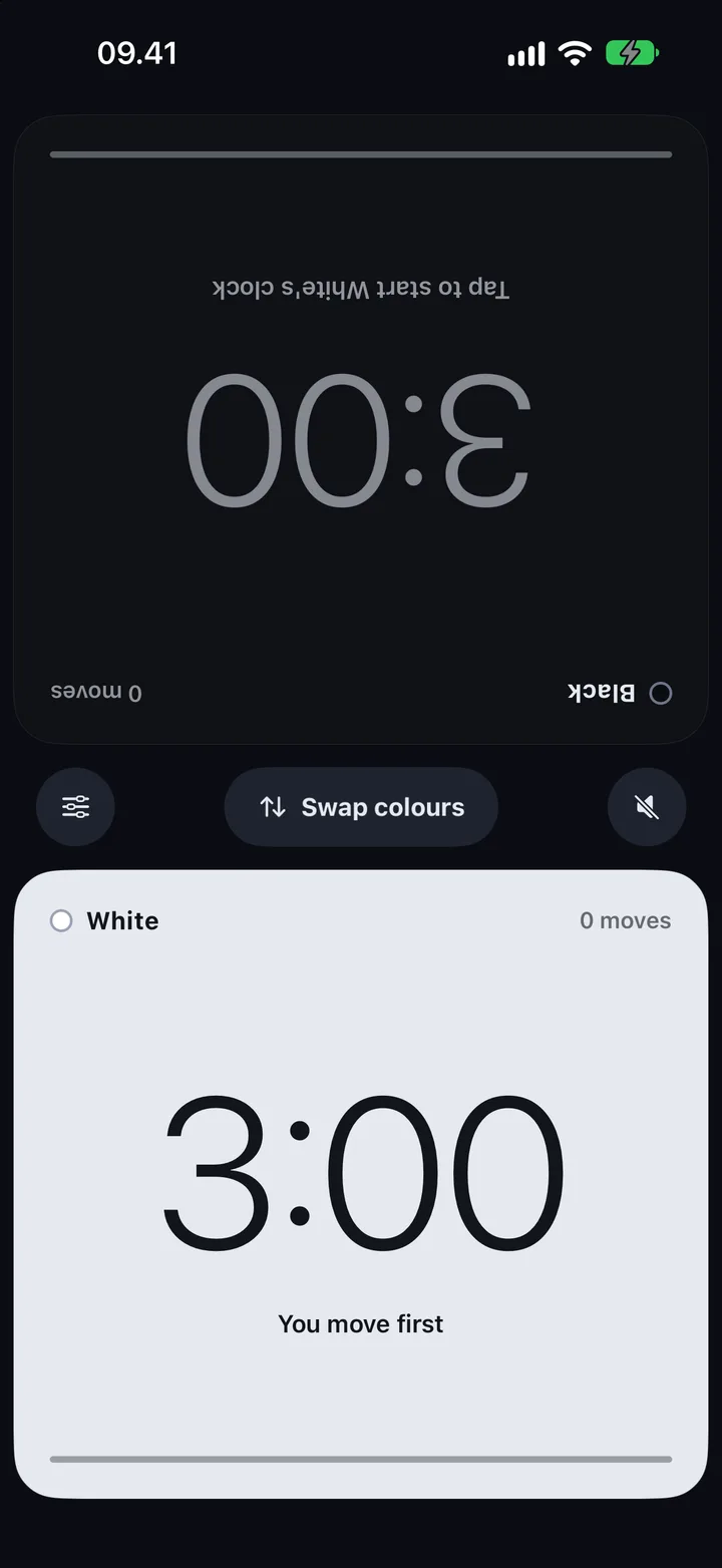 The clock ready to start: White's half reads You move first