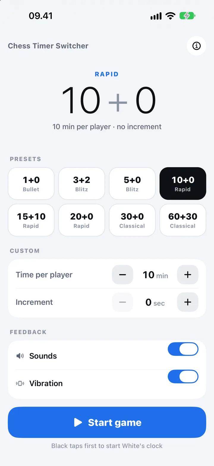 The setup screen: 10 + 0 rapid selected, presets below and custom steppers