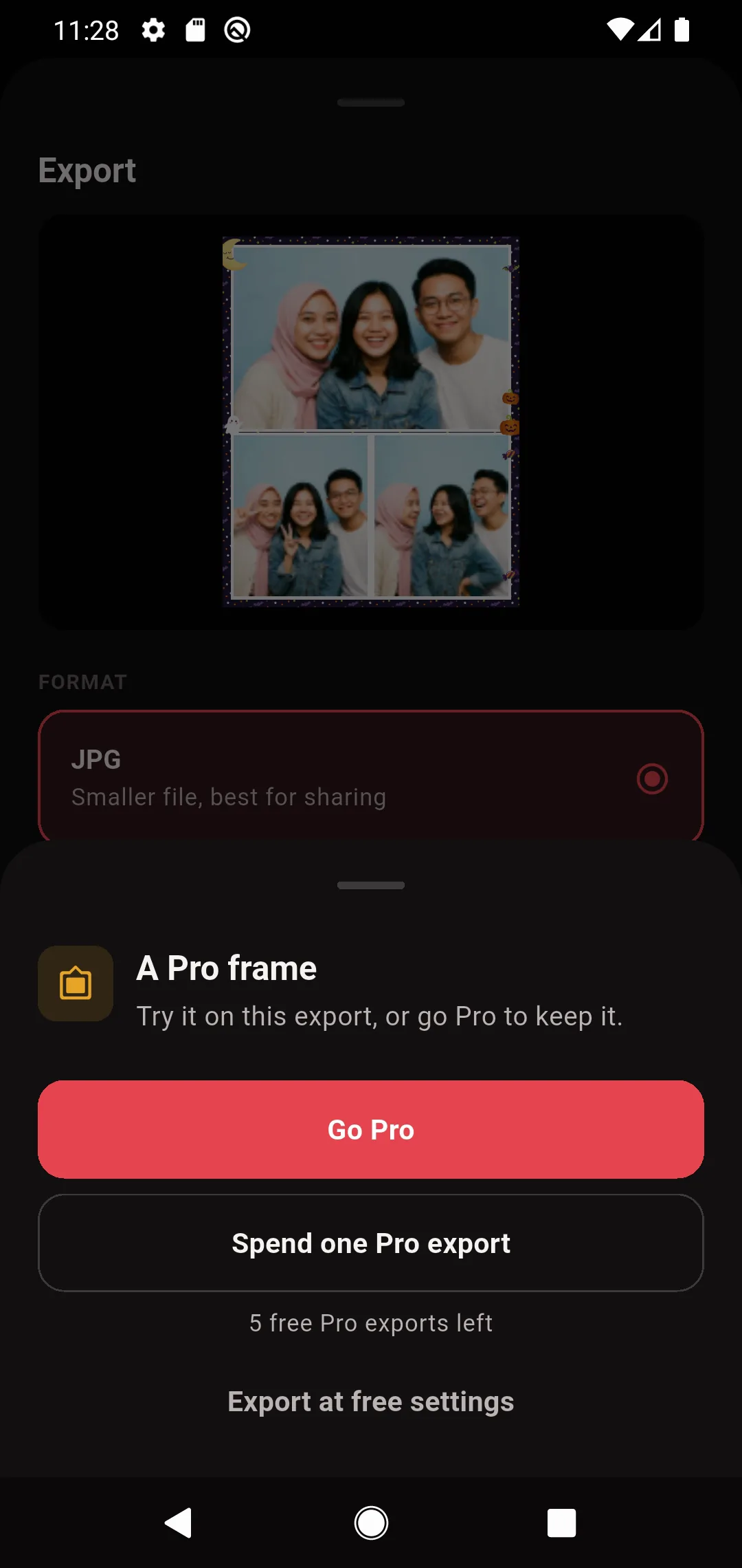 JemBooth export sheet offering a free Pro export