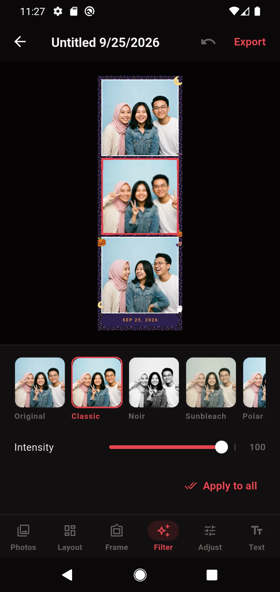 JemBooth filter carousel previewing looks on the user's own photo