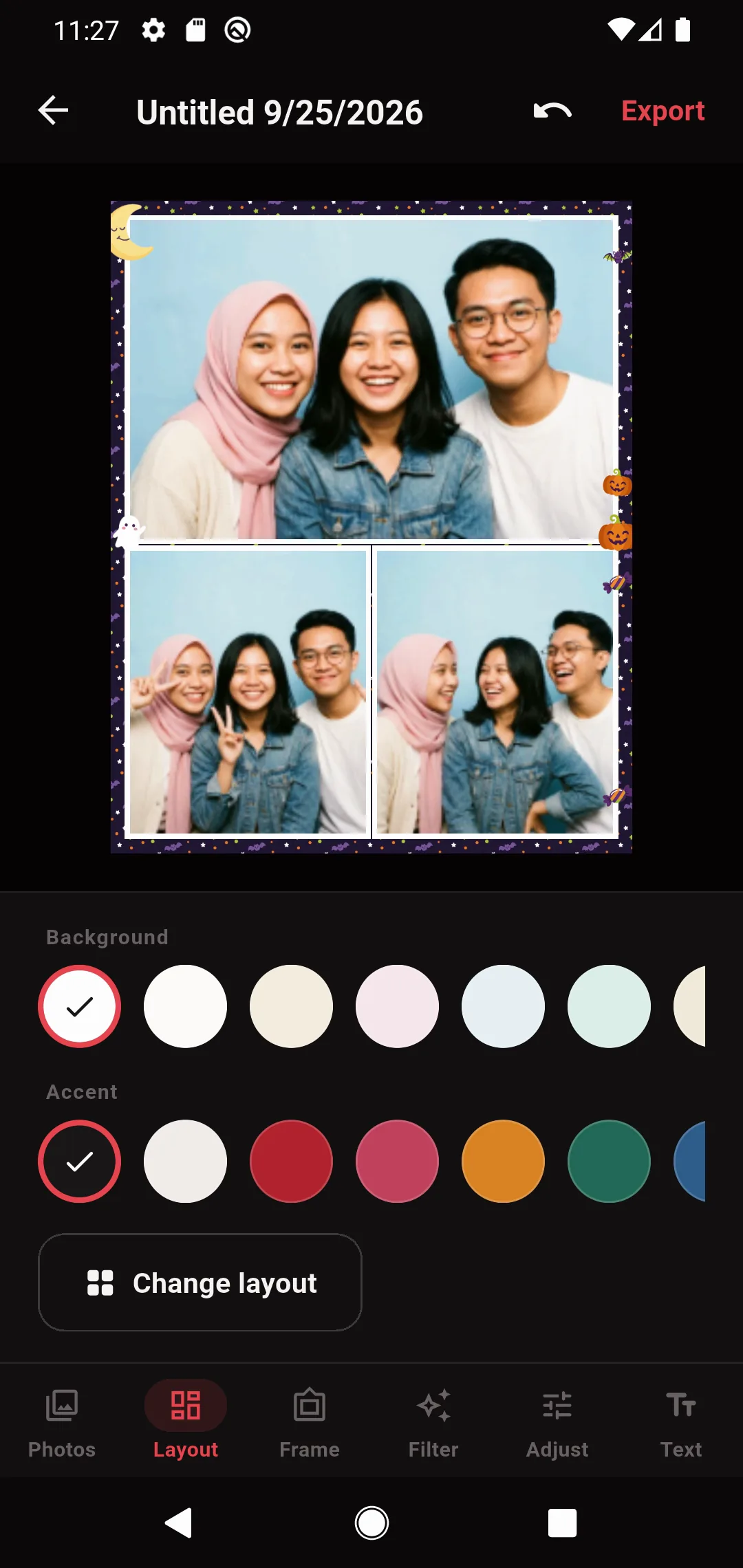 The same photos switched to a grid layout with a Halloween frame