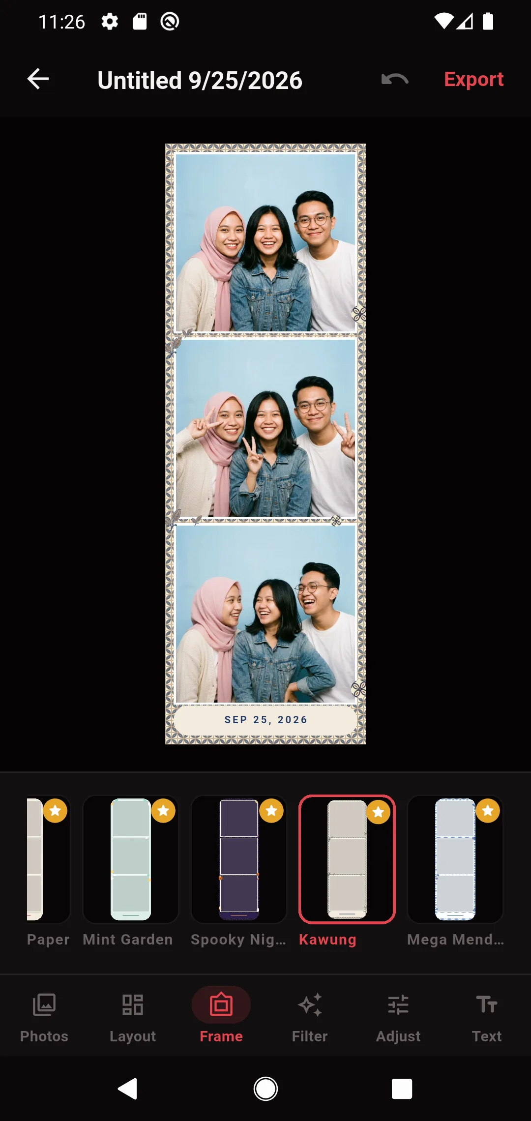 A photo strip in the Kawung batik frame in the JemBooth editor