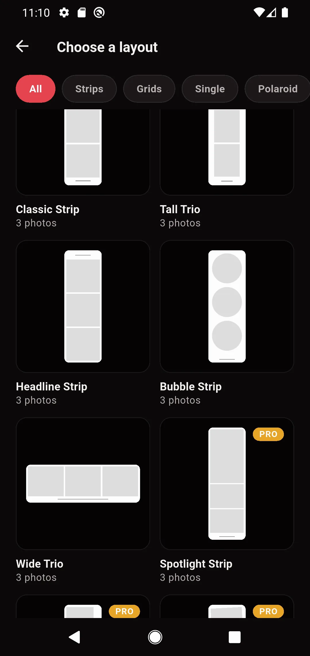 JemBooth layout picker showing photobox strips and grids