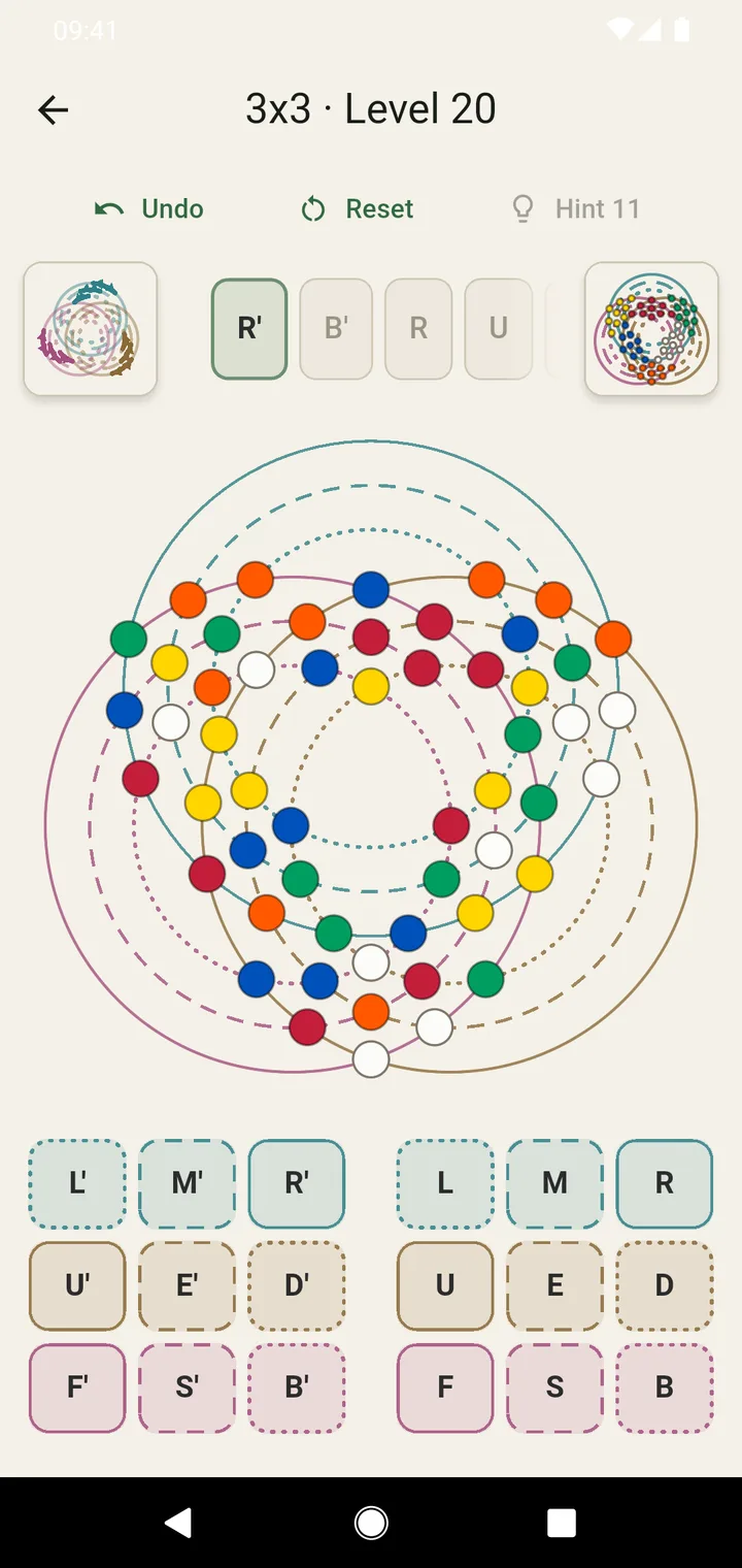 A hint showing the run of turns from here to solved