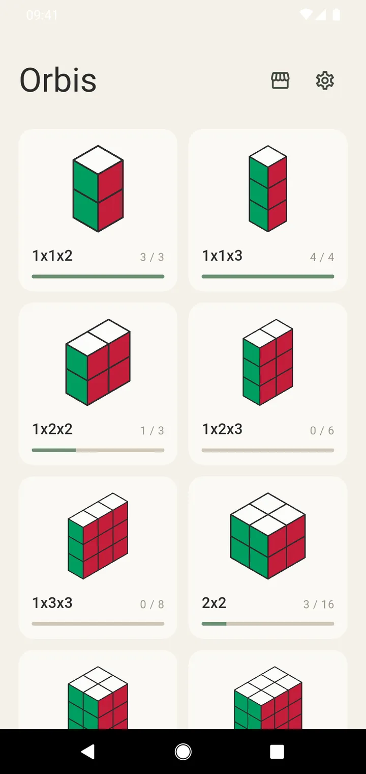 The menu: nine puzzles drawn as small cuboids
