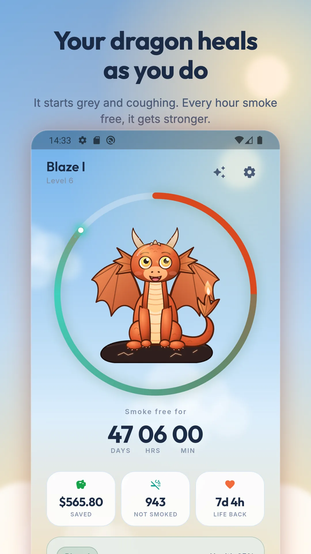 stosmok home screen on Android, showing the dragon companion and streak ring